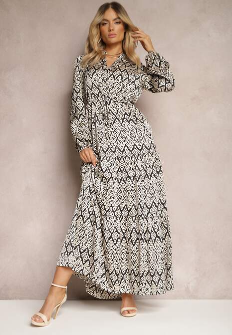 Czarno-Biała Casualowa Sukienka ze Sznurkiem w Pasie i Falbanką Carmarie