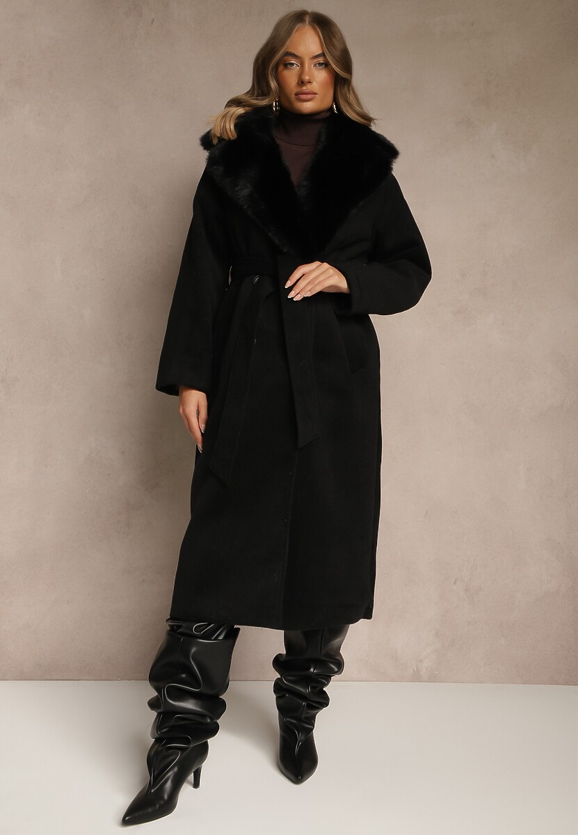 Brązowy Dwurzędowy Płaszcz Elegancki z Futrzanym Kołnierzem i Paskiem Ezanttia