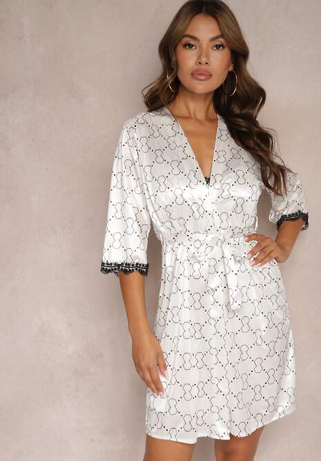 Biały Komplet Piżamowy z Koronki Koszula na Cienkich Ramiączkach Szlafrok z Paskiem Bredefia