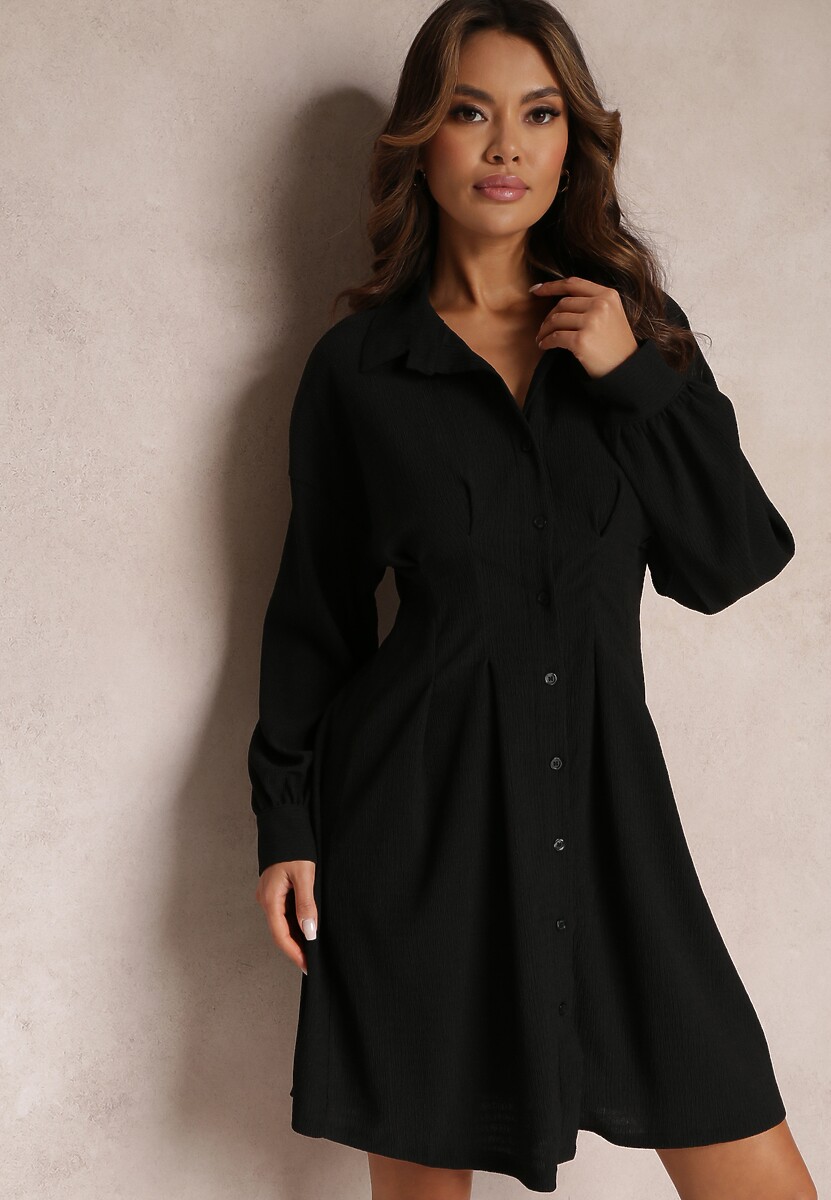 Czarna Koszulowa Sukienka Mini z Taliowanymi Zakładkami Vilette