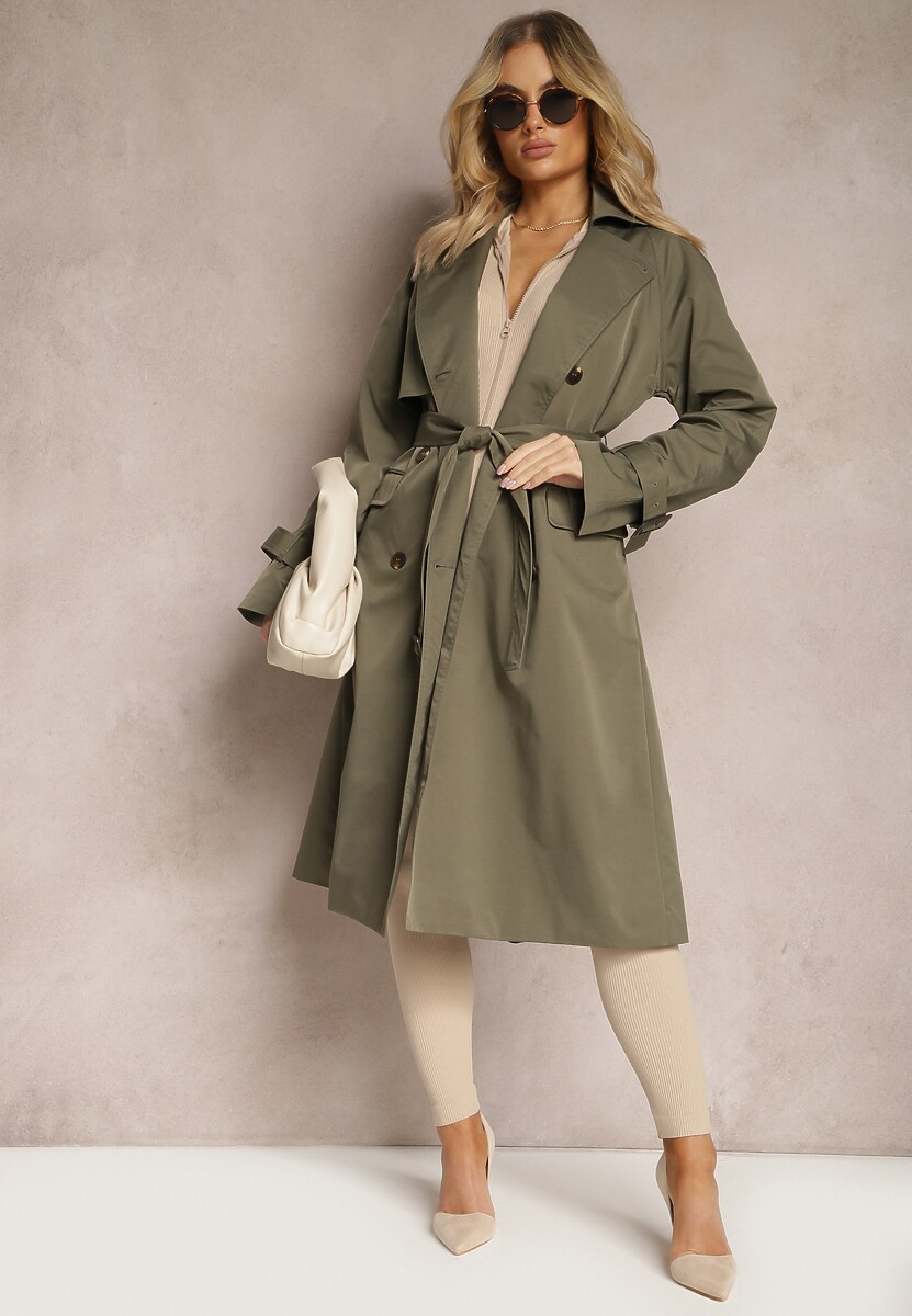 Ciemnozielony Płaszcz Trencz Dwurzędowy Taliowany Paskiem z Patkami na Rękawach Diore