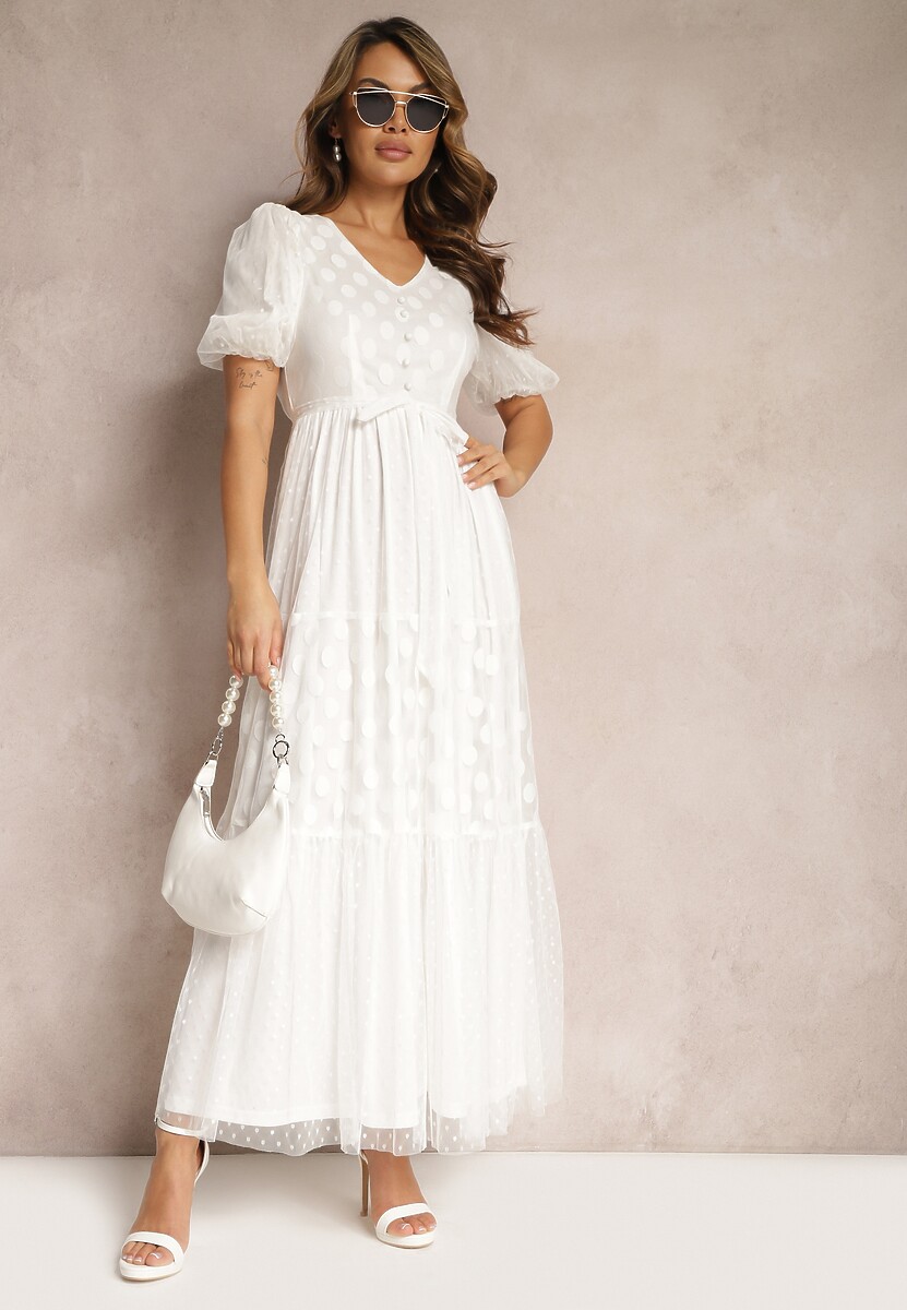 Biała Maxi Sukienka Tiulowa Rozkloszowana z Paskiem i Bufiastymi Rękawami Bervilla