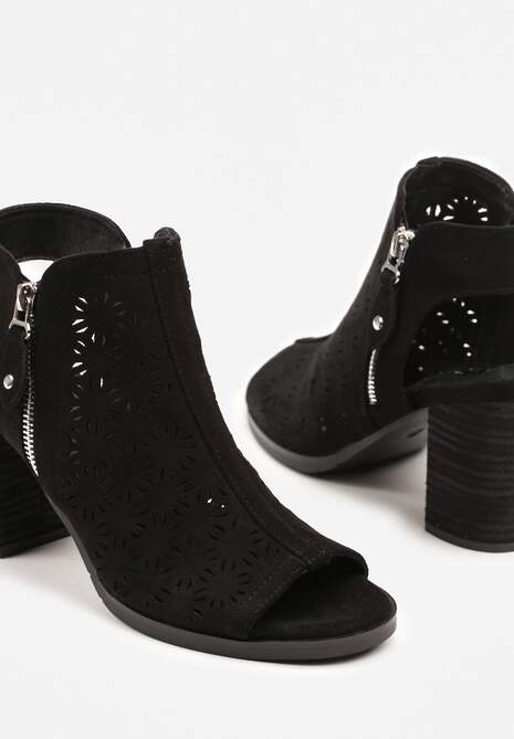 Czarne Sandały Botki Peep Toe na Obcasie z Ażurową Cholewką Julliane