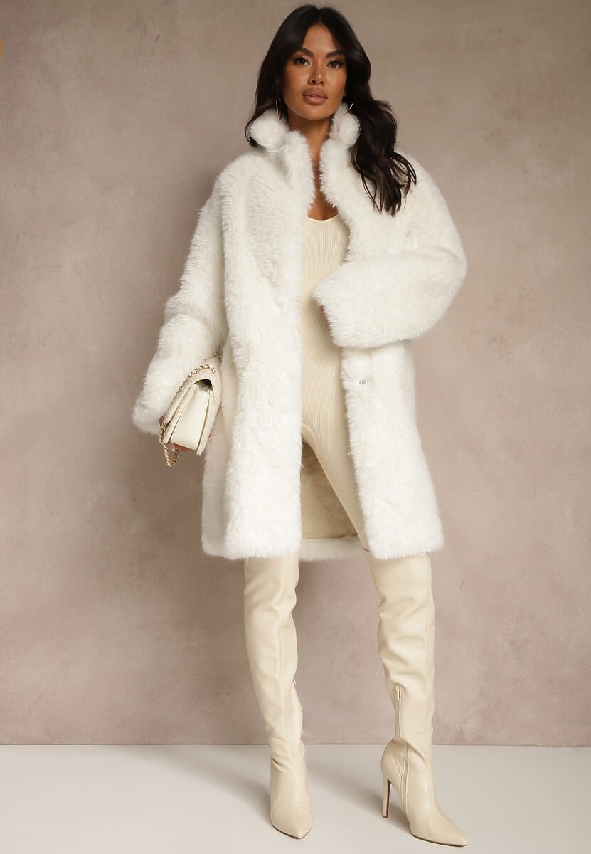 Beżowy Długi Futrzany Płaszcz Otirona