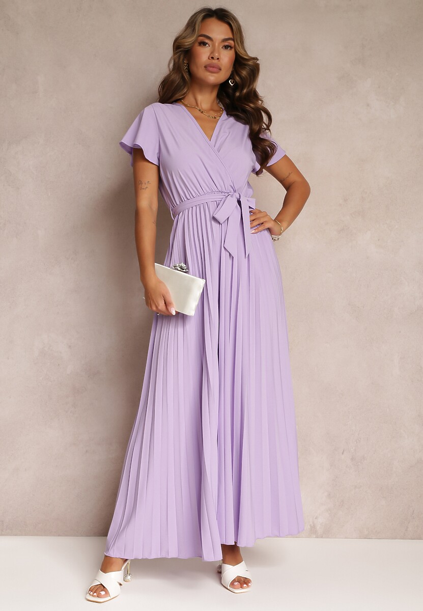 Fioletowa Koktajlowa Maxi Sukienka Ozdobiona Plisami z Trójkątnym Dekoltem i Wiązaniem w Talii Phoelia