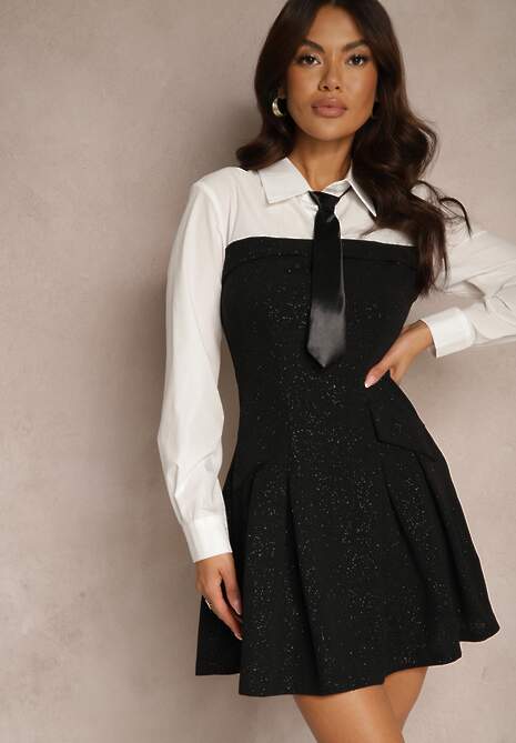 Czarna Rozkloszowana Sukienka Koszulowa Ozdobiona Brokatem i Krawatem Venithea