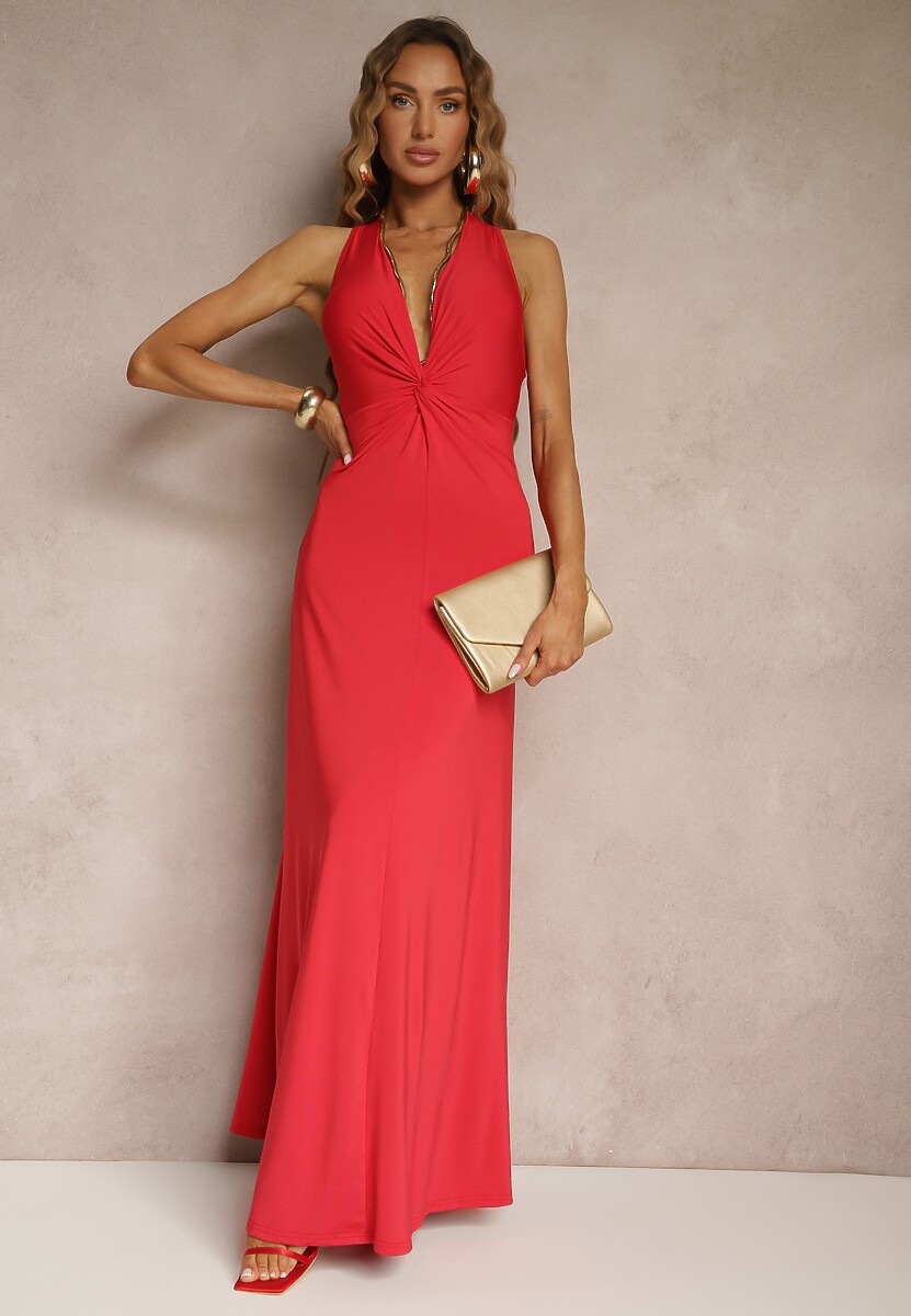 Czerwona Marszczona Sukienka z Wiskozą o Rozkloszowanym Fasonie Bez Rękawów Folonea