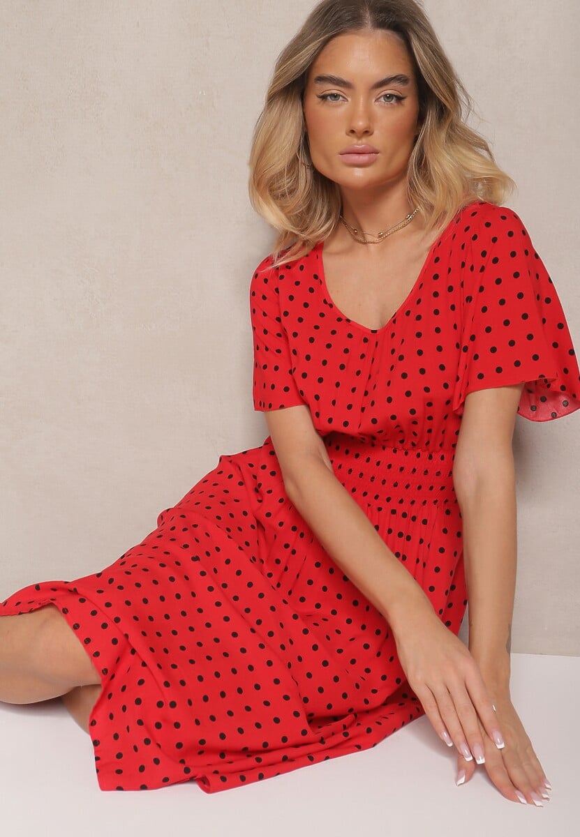 Czerwona Bawełniana Sukienka o Rozkloszowanym Fasonie w Kropki Tolimirae