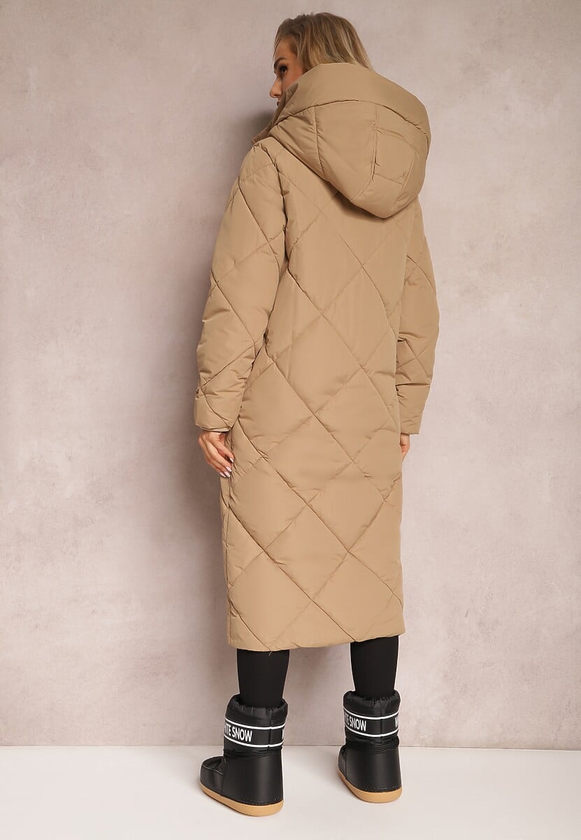 Ciemnobeżowa Pikowana Kurtka Płaszcz za Kolano z Kapturem Kinassan