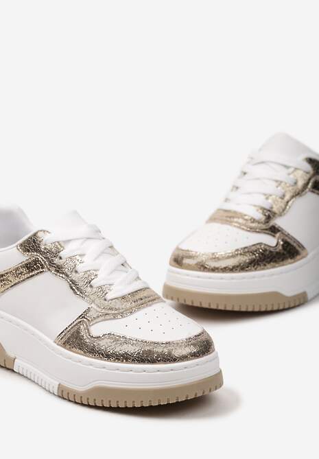Złoto-Białe Sneakersy na Niskiej Platformie z Ozdobnymi Przeszyciami Huviena