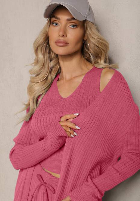 Ciemnoróżowy Komplet z Dzianiny Spodnie o Luźnym Fasonie Bluzka i Niezapinany Kardigan Irithaele