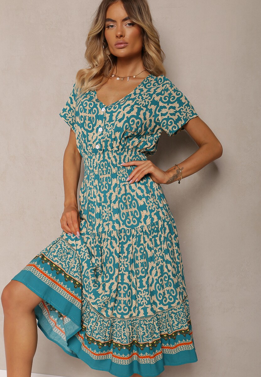 Granatowa  Sukienka z Bawełny z Trójkątnym Dekoltem i Gumką w Talii Zapinana na Guziki Lavlea