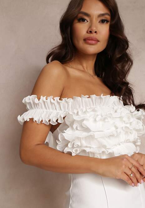 Biała Dopasowana Sukienka na Ramiączkach z Falbanką Hemomay