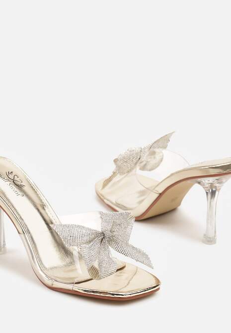 Złote Przezroczyste Klapki Szpilki z Cyrkoniowymi Kokardami Tysseli