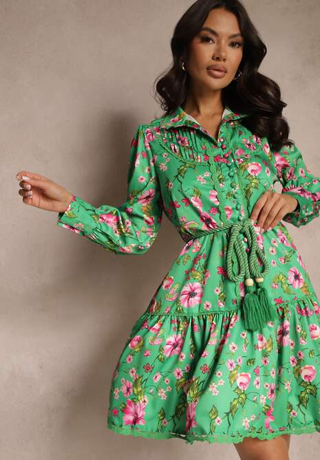 Zielona Rozkloszowana Sukienka z Koronkowymi Wstawkami i Sznurkiem Payten