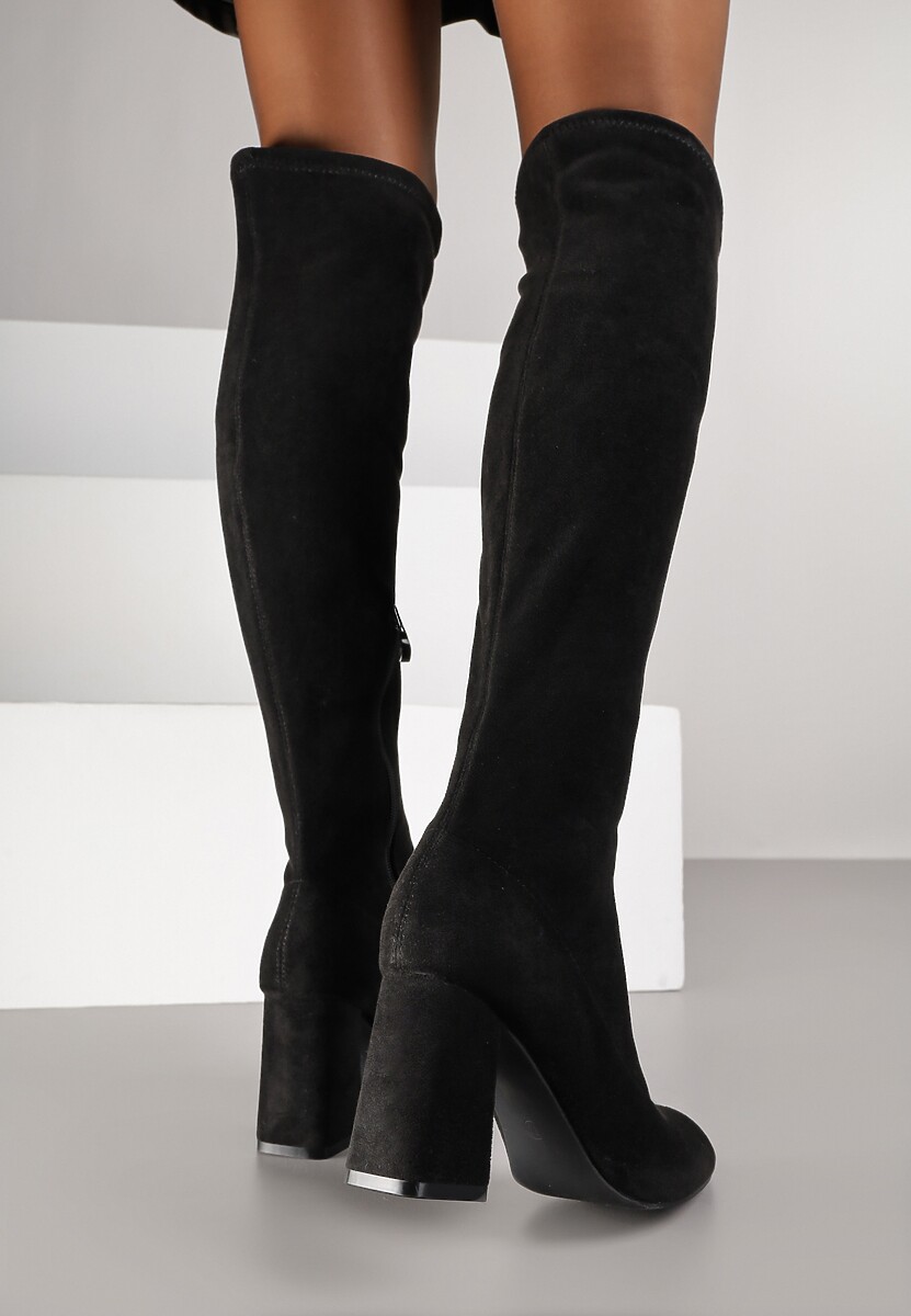 Czarne Dopasowane Kozaki Vices z Imitacji Zamszu na Słupkowym Obcasie Avvie