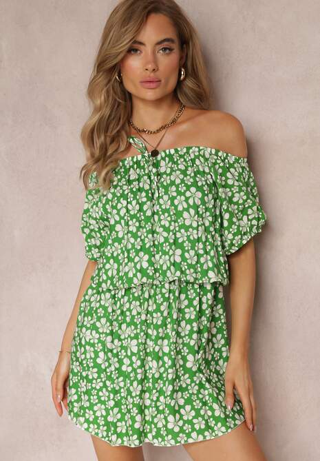 Zielona Wiskozowa Sukienka Mini Hiszpanka z Gumką w Pasie Bradite