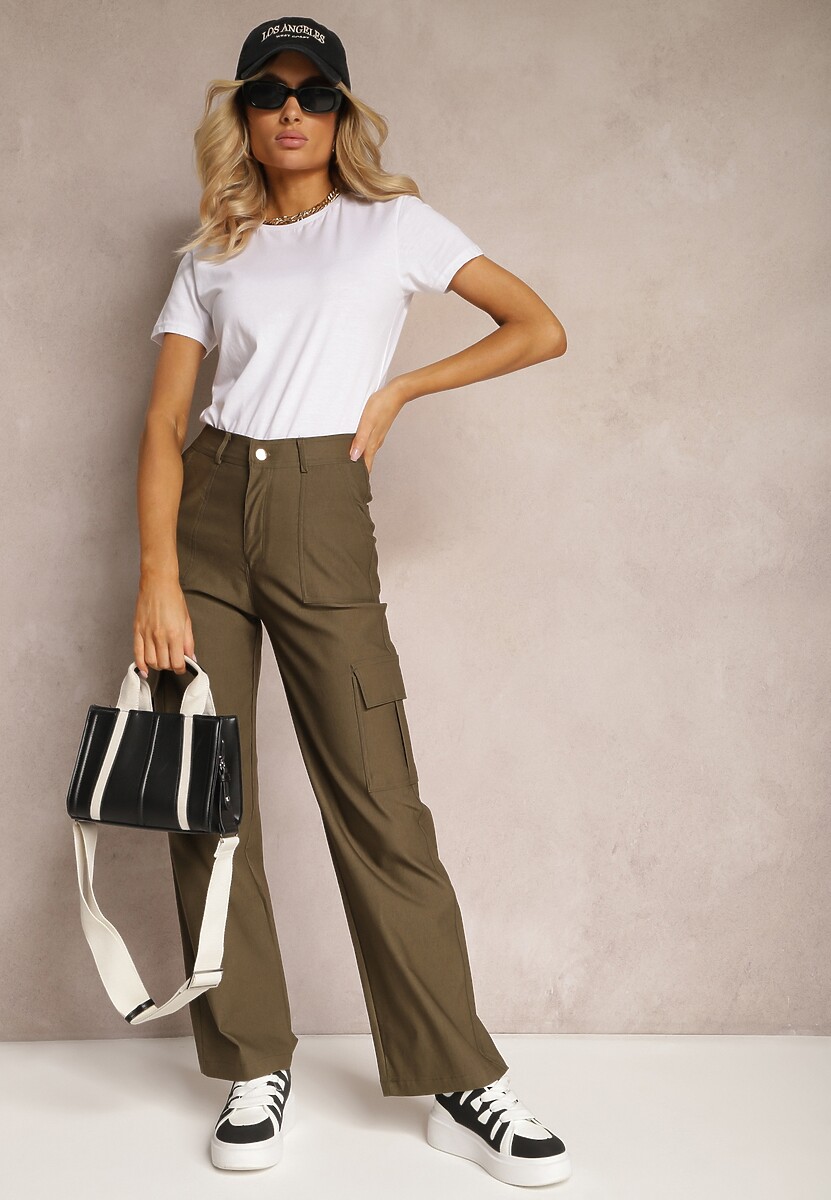 Białe Spodnie o Szerokim Fasonie z Kieszeniami w Stylu Cargo Adileva
