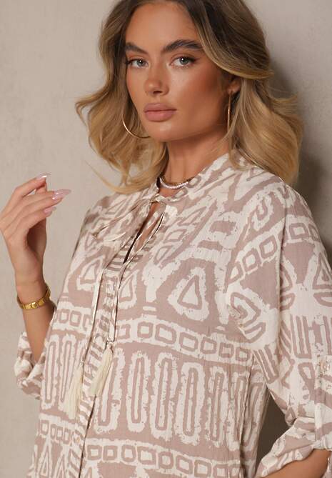 Beżowa Rozkloszowana Sukienka z Wiskozy w Etniczny Print z Wiązaniem z Frędzlami Ravpio