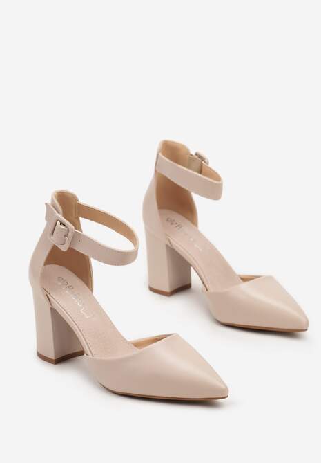 Beżowe Czółenka na Słupku ze Skórzaną Wkładką i Paskiem przy Kostce Alorelle