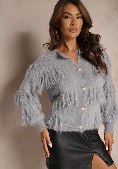 Szary Casualowy Kardigan Puchaty z Wełną Frędzlami i Guzikami Mavanira