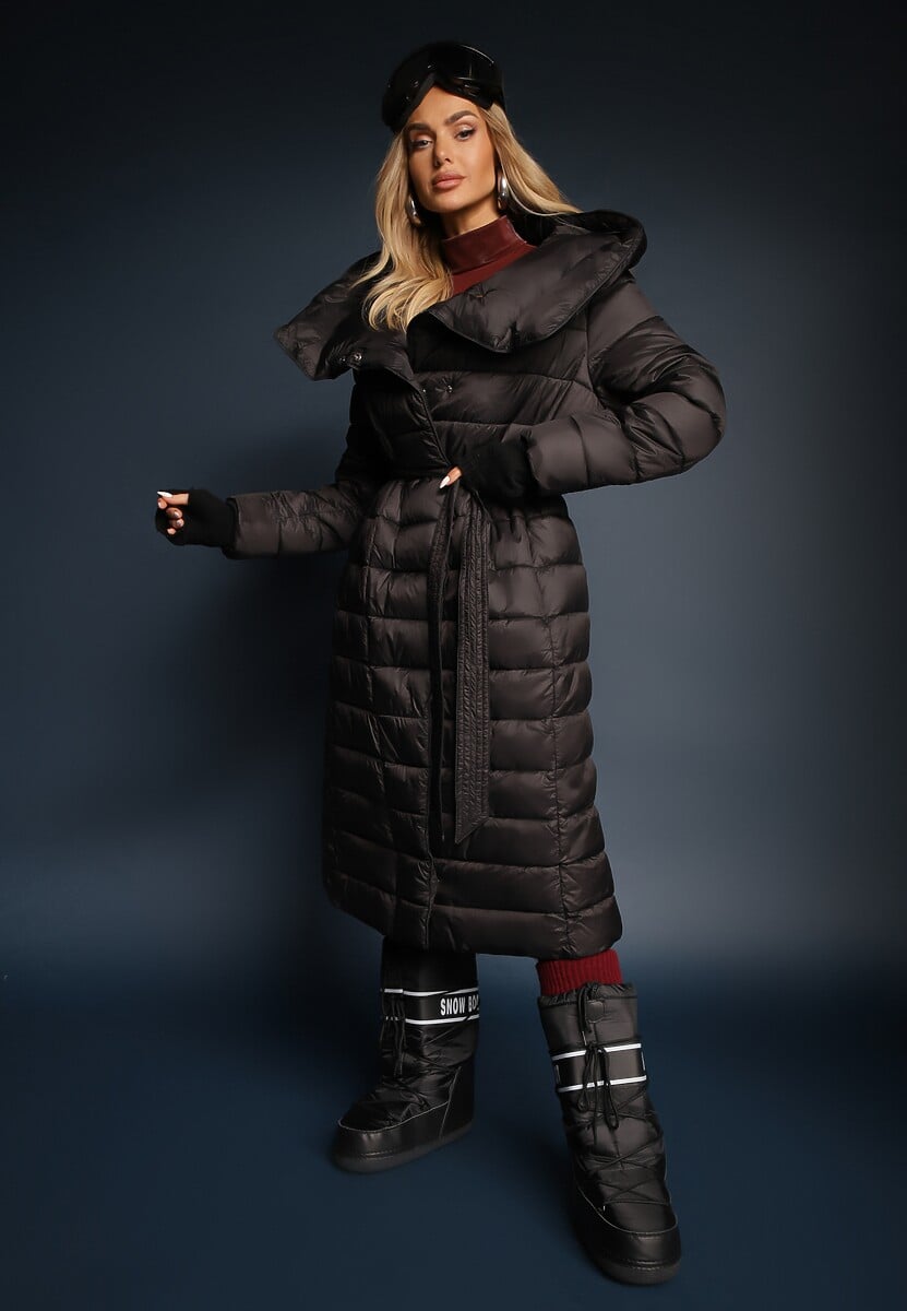 Czarna Kurtka Płaszcz z Szerokim Kołnierzem i Kapturem Wiązana w Pasie Lilave