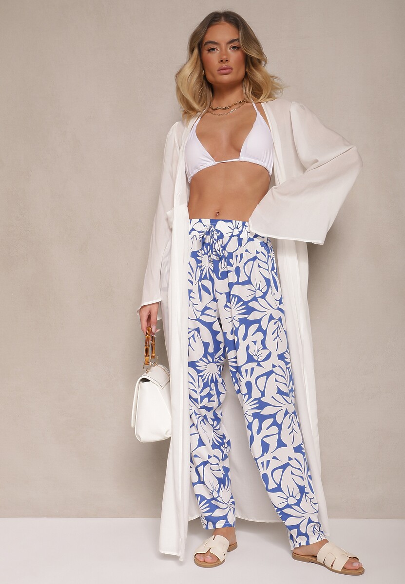 Niebieskie Spodnie z Wiskozy High Waist w Kwiatowy Wzór Niliannea