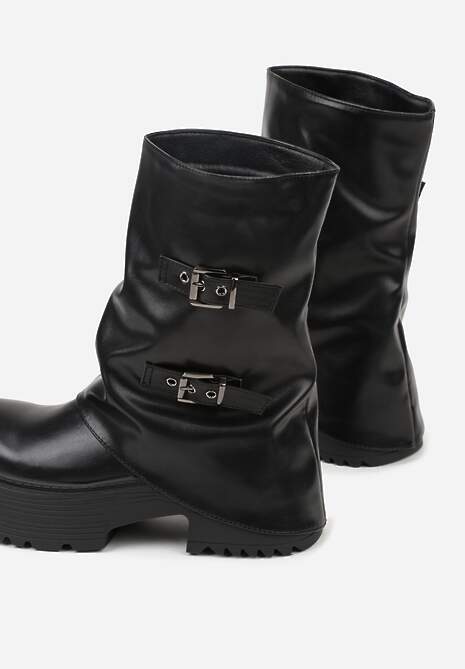 Czarne Botki Biker Vices z Wywiniętą Cholewką Platformą i Klamrami Reinila