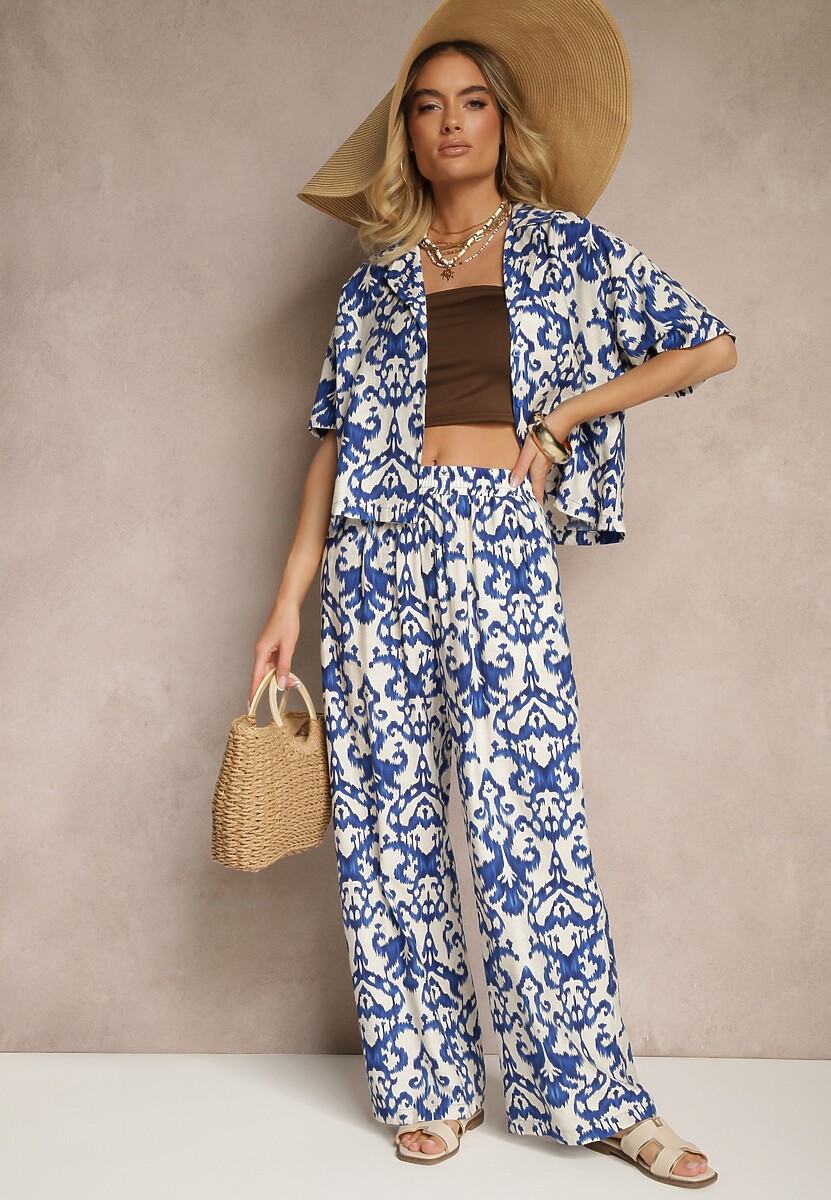 Niebieski Wiskozowy Komplet w Ornamentalny Print Koszula i Szerokie Spodnie Sarilsa