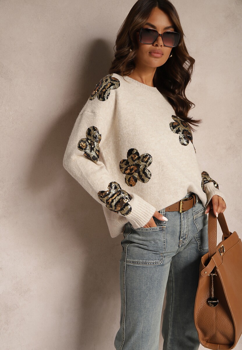 Beżowy Sweter Ozdobiony Cekinami i Naszywkami w Kształcie Kwiatów Cialuna
