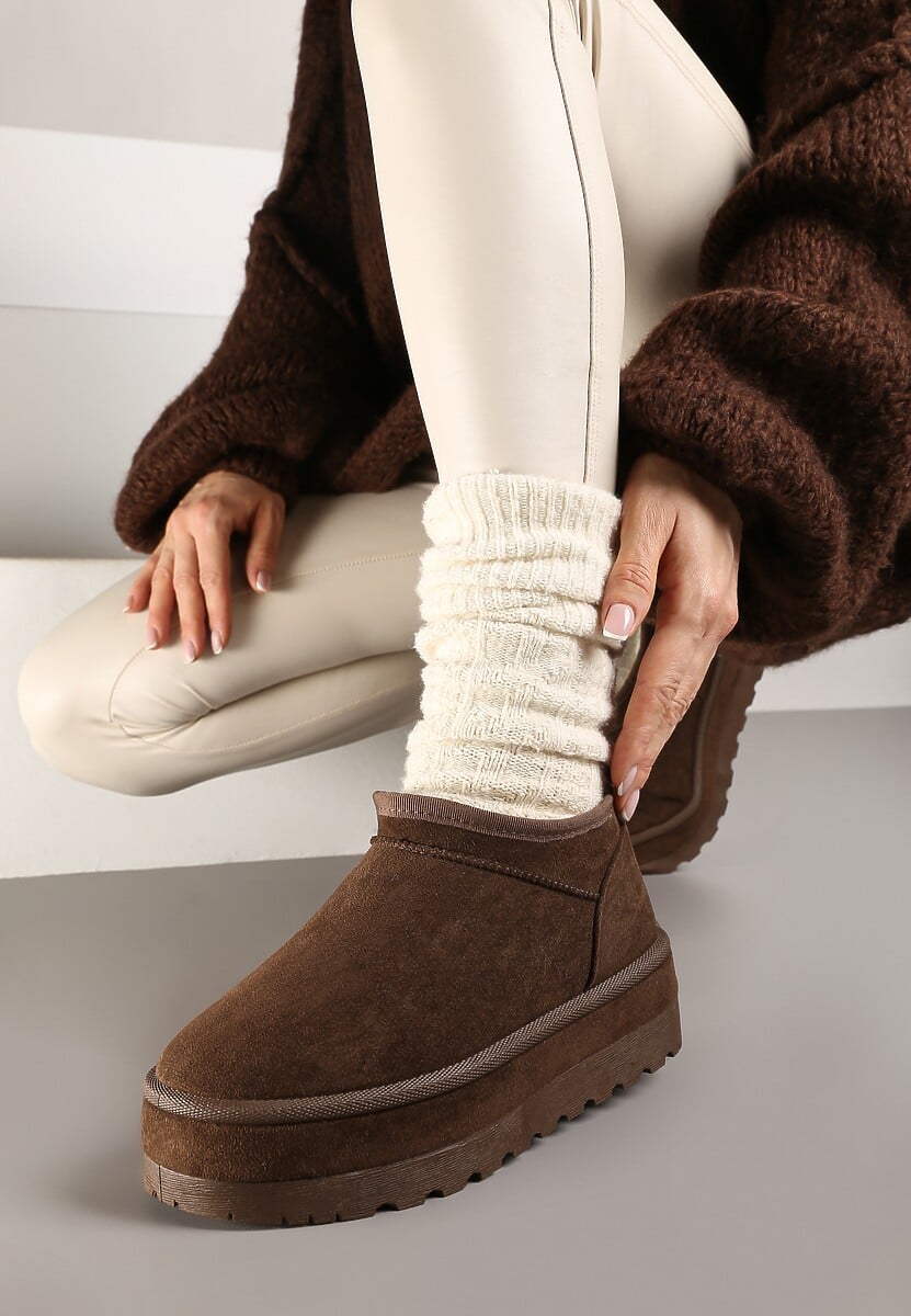 Brązowe Krótkie Śniegowce Vices z Ozdobną Lamówką i Wzorem w Panterkę Olfedi