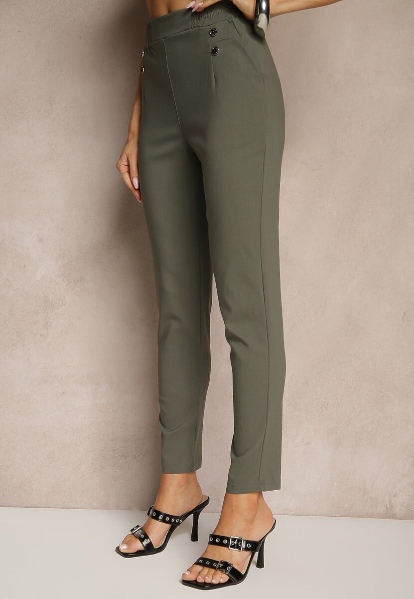 Ciemnozielone Spodnie z Wiskozą High Waist z Ozdobnymi Guzikami Redillia
