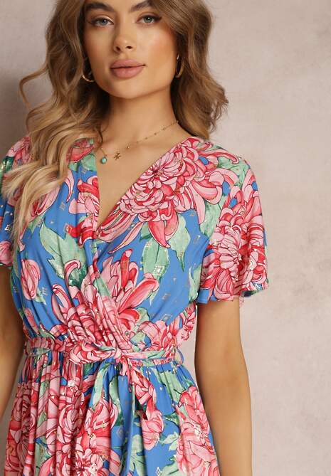 Niebiesko-Różowa Wiskozowa Sukienka Maxi z Kopertowym Dekoltem z Gumką w Talii Lynette