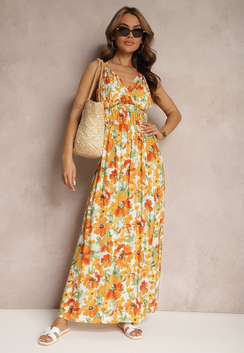Żółta Rozkloszowana Sukienka z Wiskozy na Ramiączkach w Kwiaty z Odkrytymi Plecami Allaine