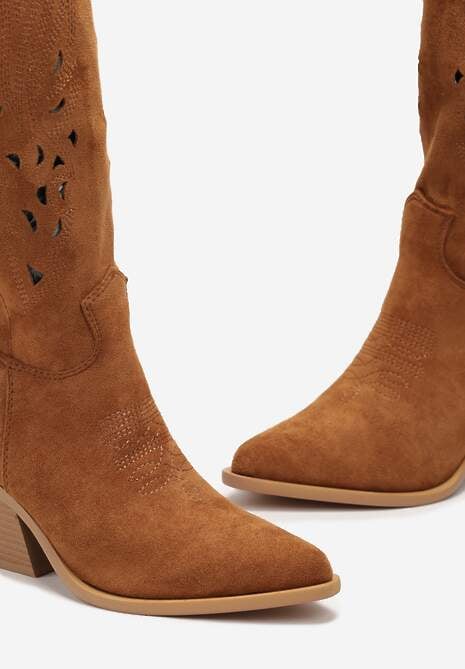 Brązowe Kozaki Kowbojki na Ściętym Słupku z Ażurową Cholewką Fenira