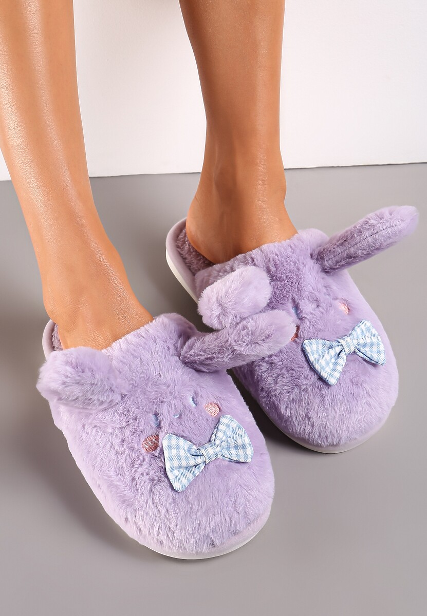 Fioletowe Kapcie ze Sztucznego Futerka i Króliczymi Uszami i Kokardą Temiha