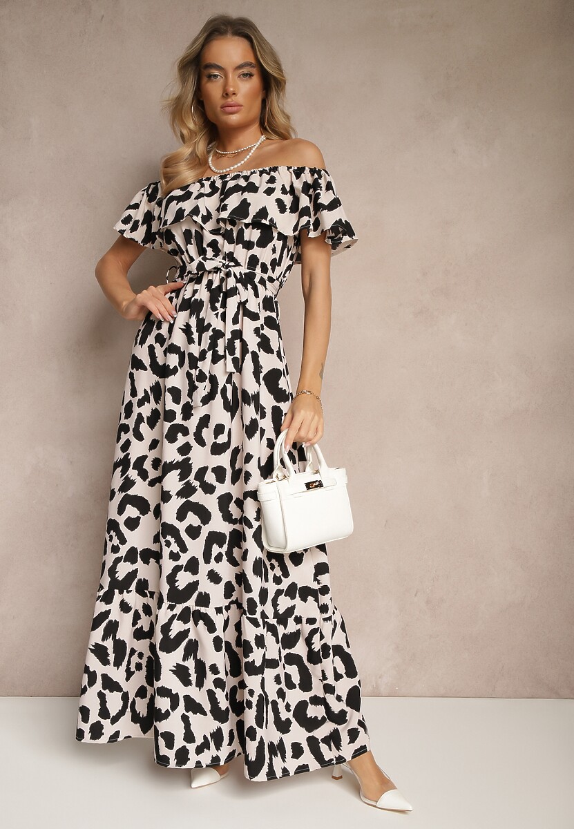 Jasnobeżowa Sukienka Hiszpanka w Panterkę o Rozkloszowanym Kroju z Paskiem Calirne