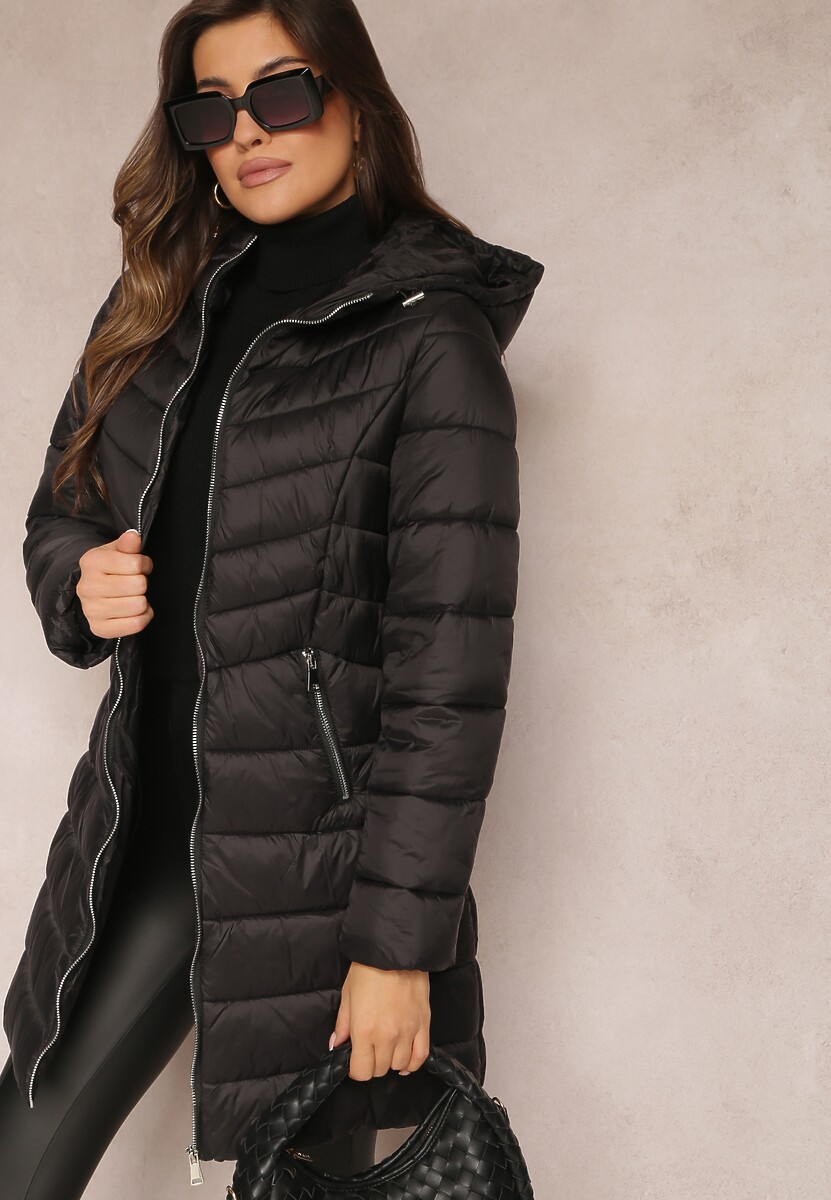 Czarna Długa Kurtka z Zasuwanymi Kieszonkami i Kapturem Chetrisa