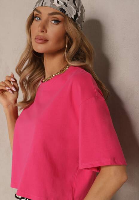 Różowy T-shirt o Fasonie Cropped Oversize Brighta