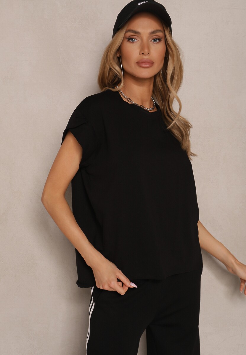 Czarny Bawełniany T-shirt z Rozcięciami przy Rękawach Katilana