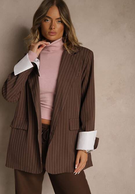 Ciemnobrązowa Marynarka Jednorzędowa o Pudełkowym Kroju w Pionowe Paski Eonevia