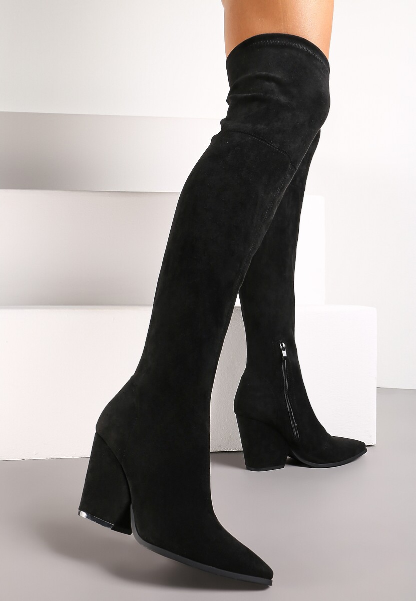 Czarne Kozaki na Stożku za Kolano ze Szpiczastym Noskiem Nudra