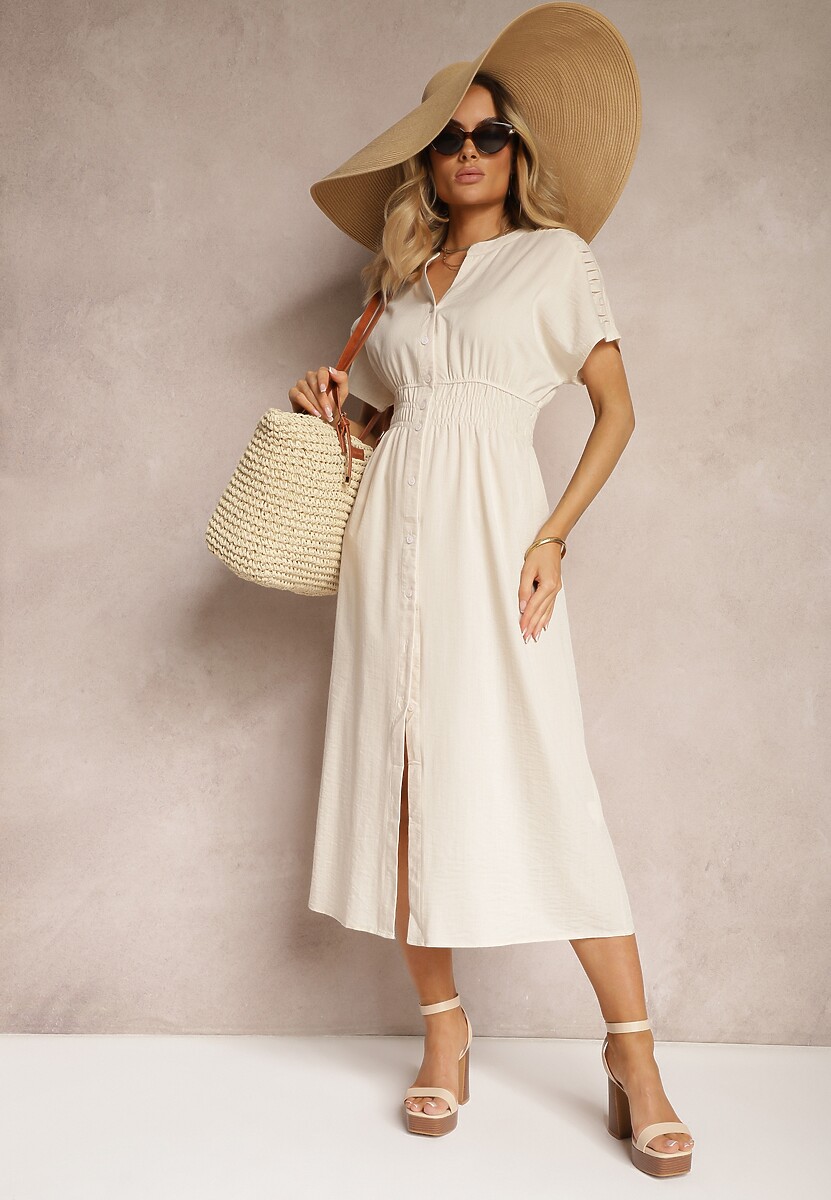 Beżowa Sukienka z Wiskozą o Rozkloszowanym Koszulowym Kroju na Guziki z Gumką w Talii Fuvlea
