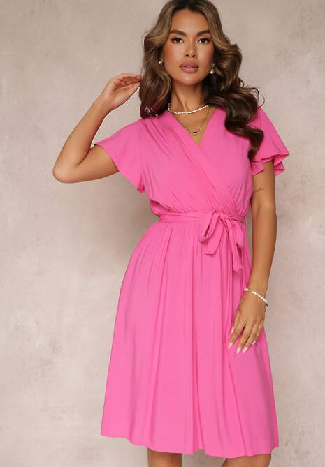 Fuksjowa Rozkloszowana Sukienka Midi z Wiązanym Paskiem Elemia