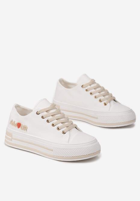 Białe Sznurowane Trampki na Grubej Podeszwie z Aplikacją Aniler