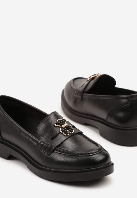 Czarne Mokasyny ze Skórzaną Wkładką i Ozdobą Meralitia