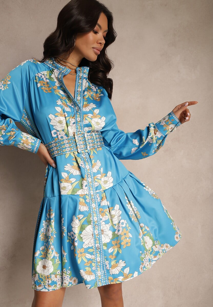 Niebieska Sukienka w Kwiaty o Koszulowym Kroju z Paskiem Alanisia