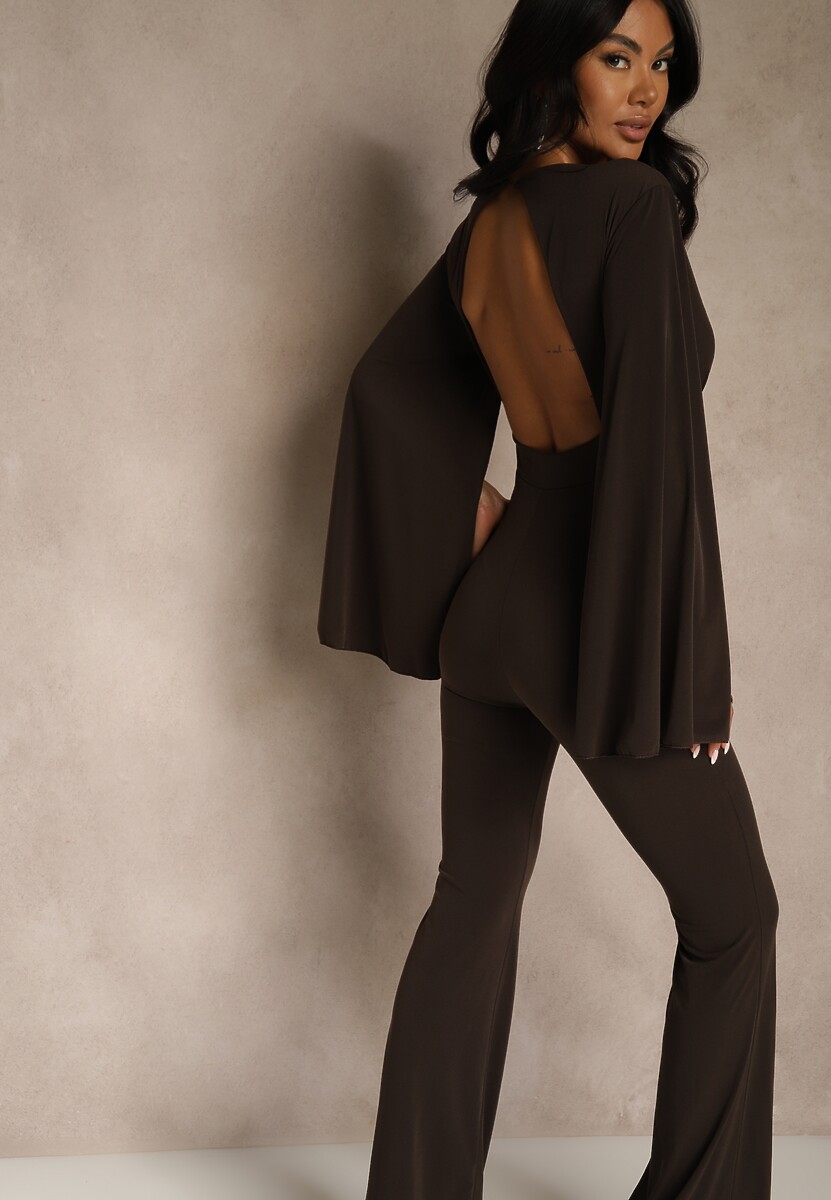 Brązowy Dopasowany Kombinezon z Rozkloszowanymi Rękawami i Głębokim Dekoltem Andrika