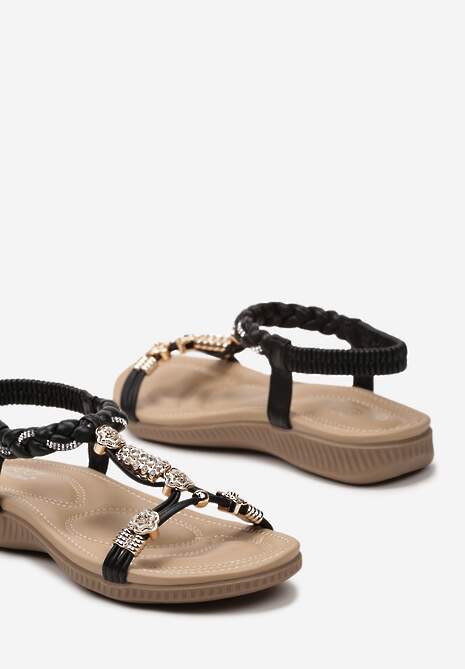 Czarne Sandały z Plecionymi Paskami Ozdobione Cyrkoniami Cirdasa