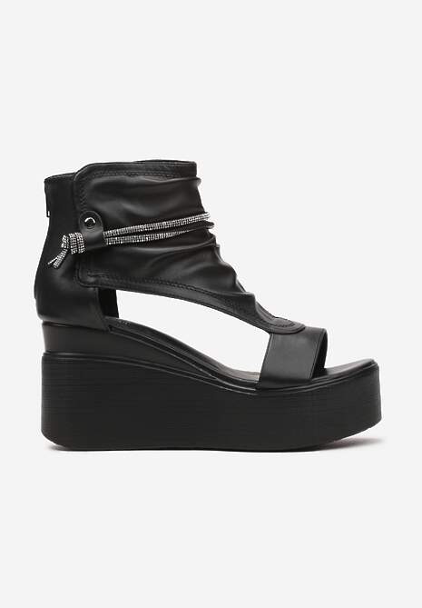 Czarne Sandały na Koturnie z Imitacji Skóry Zapinane na Zamek Błyskawiczny z Cyrkoniami Uzira